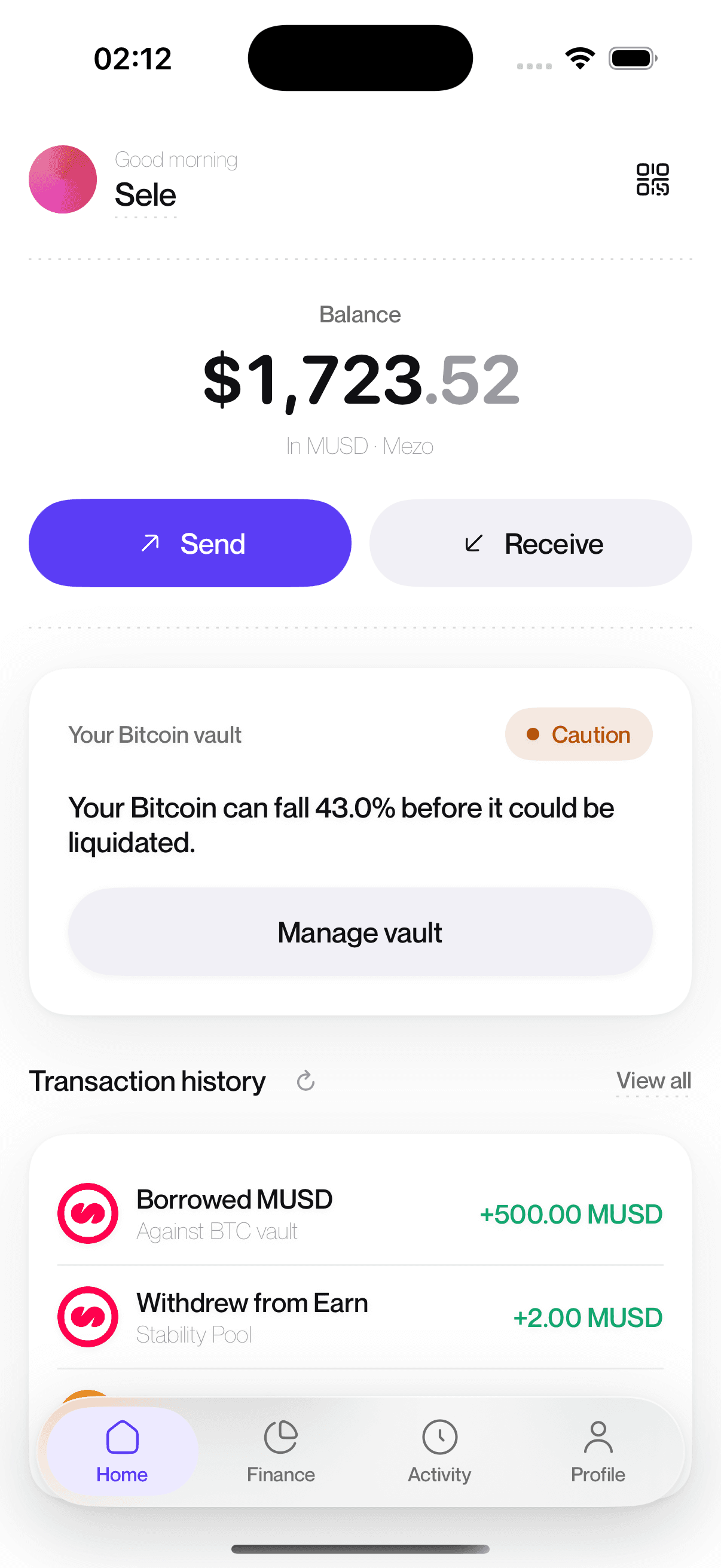 The Maren home screen: an MUSD balance, Send and Receive, a Bitcoin vault showing how far Bitcoin can fall before liquidation, and recent transactions.