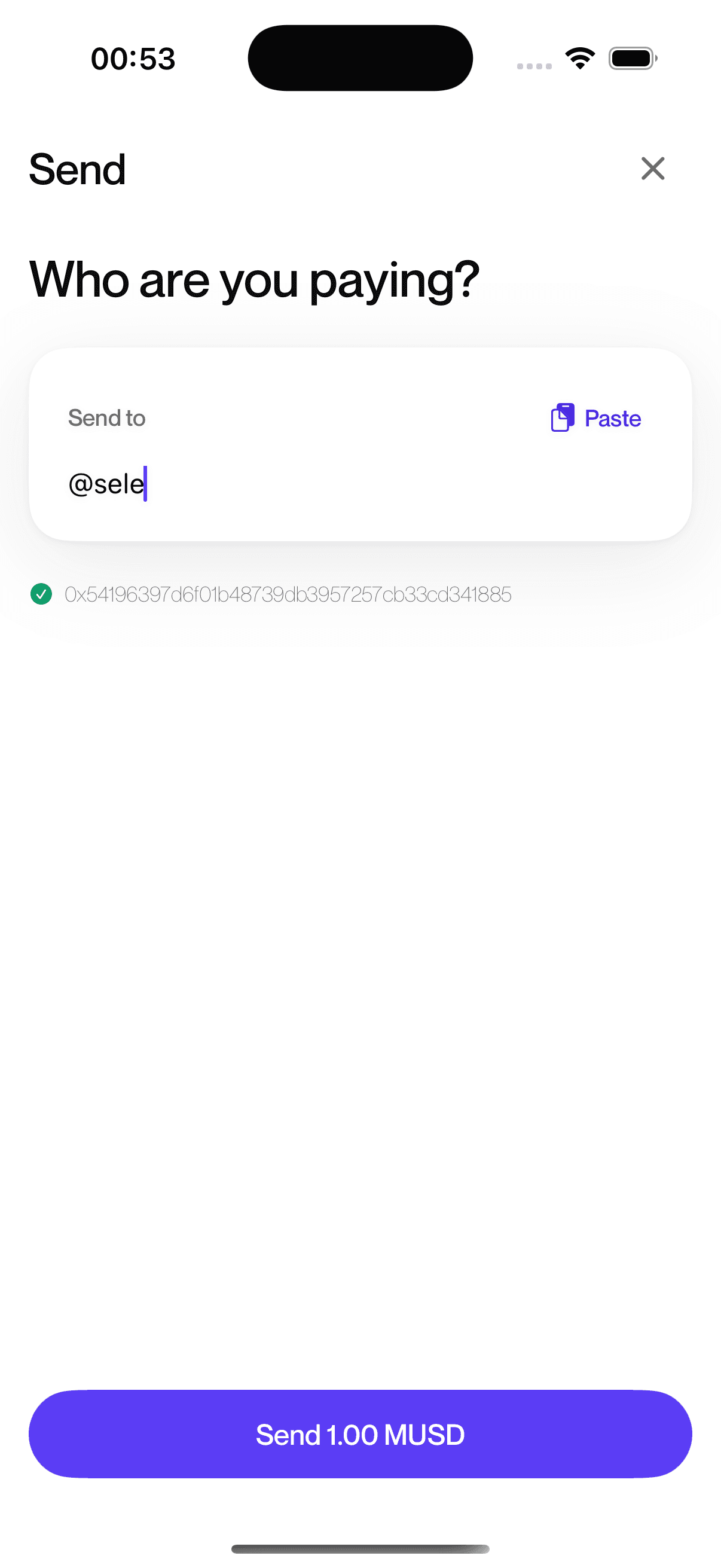 The Send screen: paying the handle @sele, resolved to an address, with a Send 1.00 MUSD button.