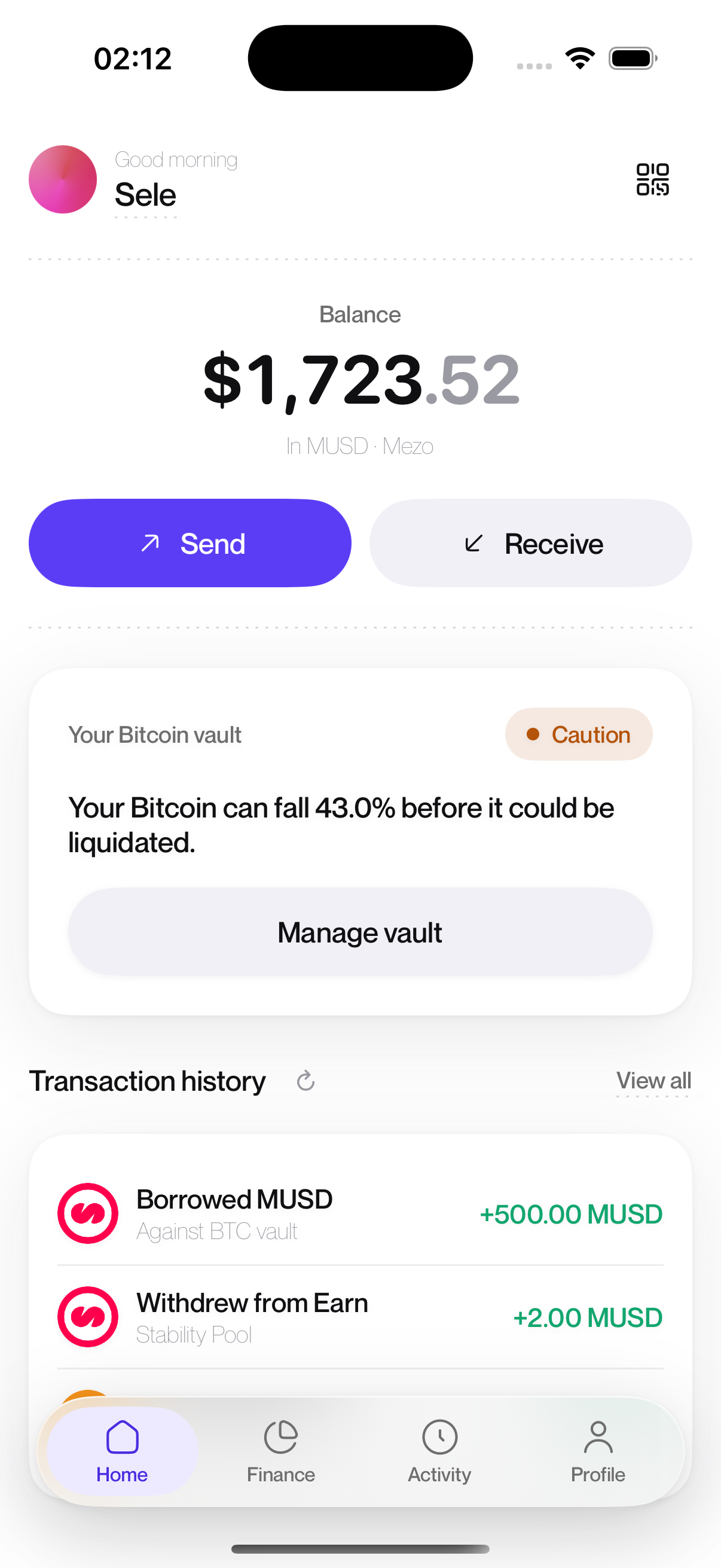 The Maren app home screen: a Bitcoin-backed MUSD balance, Send and Receive, a Bitcoin vault with its liquidation buffer, and recent transactions.